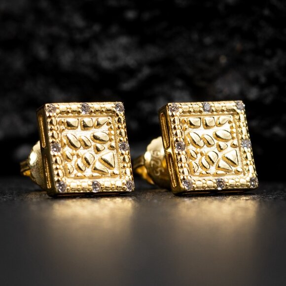 Mens 3D Iced Square 14K Gold Plated Nugget CZ Stud Screw back Stud Earrings - Picture 2 of 6
